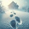 Footprints in the deep winter snow lead to house