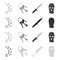 Footprints on the ground, a bunch of skeleton keys, a knife, a mask of a criminal. Prison set collection icons in