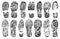 Footprints human shoes silhouette, vector set, isolated on white background.