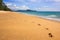 Footprints on the sand along endless pristine empty beach on scenic ocean landscape background