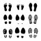 Footprints. Shoes and legs human steps, baby child and grown man footsteps, people funny step prints symbols. Vector