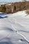 Footprints in the snow going zigzag