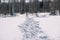 Footprints in the snow. Human footprint Imprint of shoes in the snow