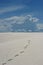 Footprints on white sand dunes