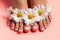 Foots of a girl in the flower buds of daisies, pink pedicure on a pink background. Top view with place for text