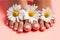 Foots of a girl in the flower buds of daisies, pink pedicure on a pink background. Top view with place for text