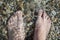 Foots girl on the stones of the sea beach in the incident wave