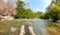 Foots in water waterfall and waterfall landscape,sunny sky,Relaxing His Feet