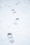 Footsteps in snow winter composition snow falling frozen nature winter time background with copy space