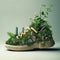 Footwear that actively reduces its carbon emissions, featuring green components and supporting a city-wide recycling system to