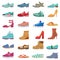 Footwear collection. Male and female shoes, sneakers, flat and boots, trendy winter, spring shoes, elegant footwear