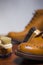 Footwear Concepts and Ideas.Extreme Closeup of Tips of Premium Male Boots