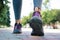 Footwear on female feet running on road