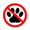 Forbidden animal footprint sign on white background. prohibited cat or dog icon. no pets allowed sign. flat style