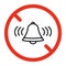 Forbidden bell and loud sound, ban noise sign. Prohibited bell ring symbol. Stop music, restriction sound. Silence icon