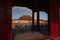The forbidden city in Beijing. Chinese imperial palace from the Ming Dynasty. View over the Harmony Square through the shadows of