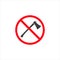 Forbidden sign with axe glyph icon. No deforestation prohibition. Stop silhouette symbol. Negative space. Vector isolated