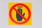 Forbidden sign with stop hand glyph icon. No entry prohibition. Do not touch. Silhouette symbol. Negative space