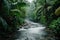A forceful river cuts through a dense and lush green forest, creating an awe-inspiring scene, Wild river coursing through an