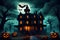 a foreboding haunted mansion stands in stark silhouette against the midnight sky