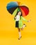 Forecast application. Positivity concept. Rainy day fun. Happy walk under umbrella. Rain concept. Kid girl happy hold