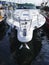 Foredeck of a luxury motor yacht, details, railing, windlass, anchor box, Germany, Europe, Heiligenhafen