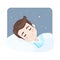 Foreground boy asleep in bed at night. Sweet dreams. Vector illustration