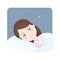 Foreground girl asleep in bed at night. Sweet dreams. Vector illustration