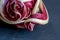 Foreground of the tips of the leaves of a Treviso radicchio