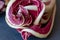 Foreground of the tips of the leaves of a Treviso radicchio