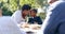 Forehead touch, mother and daughter with love at lunch with black family, thanksgiving and care with smile. Mom, girl