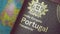 Foreign European Portuguese Schengen passport, against the background of a blue globe. The concept of international