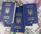 Foreign passports of Ukrainians. Money on the background. Blue visa-free passport of Ukraine for traveling abroad.