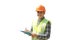 Foreman construction worker standing writing on clipboard smiling