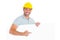 Foreman pointing at blank board on white background