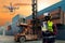 Foreman or worker use remote controller piloting drone at containers port for checking container. Foreman use remote control Drone