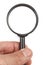 Forensic magnifier in hand on white background.