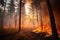 The forest is ablaze as trees burn and smoke billows into the sky. The fire rages on, threatening to consume the entire