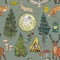 Forest adventure magic seamless pattern: bonfire, camping lamp, full moon, spruce, fir tree, mushrooms, fox, hare, deer