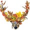 Forest animal roe deer Autumn nature colorful leaves background , fruit, berries, mushrooms, yellow leaves, rose hips on black bac