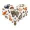 Forest animals and birds heart shape. Wildlife collection. Hand drawn natural wild forest animals set. Bear, fox, wolf