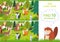 Forest animals find differences game. Educational kids games characters, woodland animal and wild forests vector cartoon