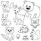 Forest animals. Fox, bear, raccon, hare, deer, owl, hedgehog, squirrel, agaric and tree stump. Black and white vector illustration