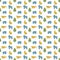 Forest animals pattern. Blue moose, yellow rabbit, blue bear, yellow fox, green fir. Seamless pattern for kids design.White backgr