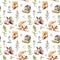 Forest animals - rabbits, fox, squirrel, hedgehog in grass and flowers. Seamless pattern. Watercolor