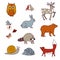 Forest animals set with bear, owl, birds, deer, hare, raccoon, snail, fox, and firefly.