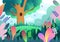 Forest background. Cartoon wild nature. Enchanted garden. Fairytale jungle. Cute woods and meadow plants. Summer park