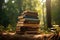 Forest background, old books stacked in a row close-up from the front. Generative ai