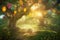 Forest background with sunlight, yellow and red balloons, fairy tale full, bear party