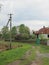 Forest and birches in front of the village,wooden fence ruins of the house